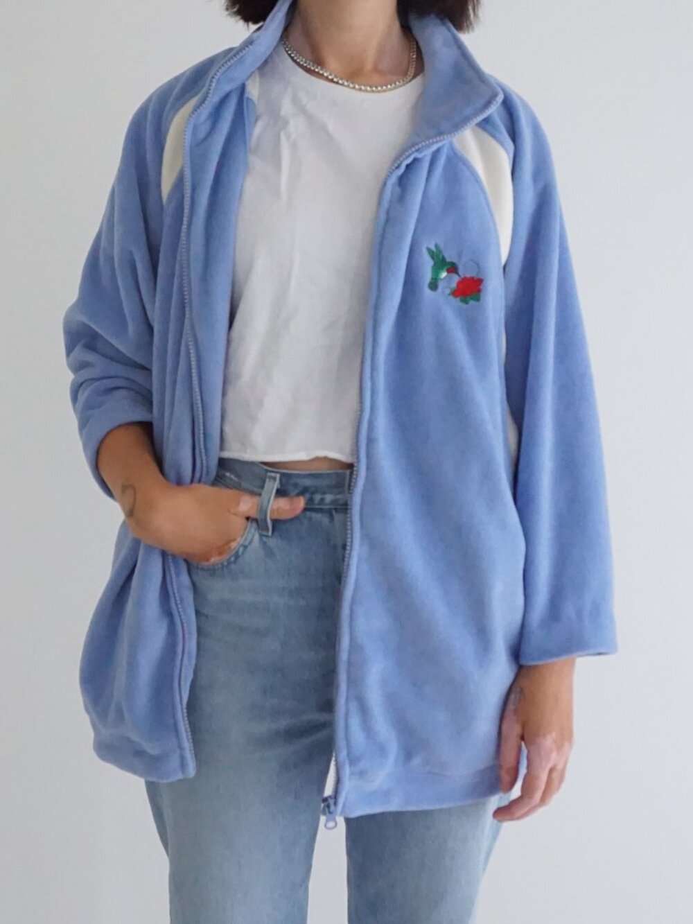 Vintage Royal Fashions Blue Hummingbird Floral Embroidered Fleece Zip Cardigan L